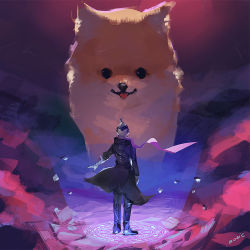 Rule 34 | 1boy, animal, bandaged arm, bandages, black coat, boots, coat, commentary, danganronpa (series), danganronpa 2: goodbye despair, dog, from behind, gloves, looking at another, magic circle, male focus, oversized animal, pants, purple scarf, qosic, scarf, shiba inu, short hair, standing, tanaka gundham, tongue, tongue out, torn clothes, torn coat