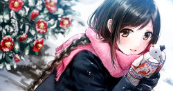 Rule 34 | 1girl, black hair, blurry, blush, braid, brown eyes, cupping hands, depth of field, dutch angle, enpera, eyebrows, flower, fringe trim, hands up, kazuharu kina, leaf, long hair, looking at viewer, original, own hands together, parted lips, pink scarf, plant, red flower, scarf, school uniform, smile, snow, snowman, solo, swept bangs, uniform
