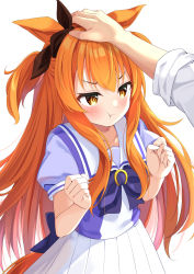 Rule 34 | 1girl, :t, animal ears, black ribbon, blouse, blush, bow, closed mouth, commentary request, ear ribbon, hand on another&#039;s head, highres, horse ears, horse girl, horse tail, long hair, mayano top gun (umamusume), orange hair, petting, pleated skirt, pout, purple shirt, ribbon, school uniform, shirt, short sleeves, simple background, skirt, solo, syurimp, tail, tracen school uniform, two side up, umamusume, white background, white skirt
