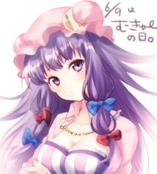 Rule 34 | 1girl, bad id, bad pixiv id, breasts, capelet, cleavage, crescent, dress, hair ribbon, hat, large breasts, long hair, looking at viewer, mob cap, patchouli knowledge, purple dress, purple eyes, purple hair, ribbon, riichu, solo, striped clothes, striped dress, touhou, tress ribbon, upper body