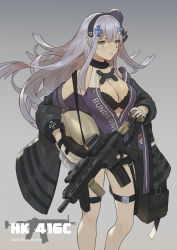 Rule 34 | 1girl, absurdres, assault rifle, bad id, bad pixiv id, bare legs, bare shoulders, black bra, black coat, black hairband, black scarf, bra, breasts, character name, cirilla lin, cleavage, clothes writing, coat, cross, facial mark, feet out of frame, german text, girls&#039; frontline, gloves, gradient background, green eyes, grey background, gun, h&amp;k hk416, hair ornament, hairband, unworn headwear, helmet, unworn helmet, highres, hk416 (girls&#039; frontline), hk416 (mod3) (girls&#039; frontline), huge filesize, iron cross, long hair, long sleeves, looking at viewer, medium breasts, no pants, official alternate costume, open clothes, open coat, open vest, parted lips, purple vest, rifle, scarf, silver hair, solo, sparkle, standing, thigh strap, underwear, vest, weapon, white gloves