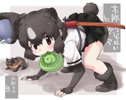 Rule 34 | 1girl, all fours, animal ears, bear ears, bear girl, paw stick, bear tail, bike shorts, blush, boots, brown bear (kemono friends), brown eyes, brown footwear, brown gloves, brown hair, brown skirt, commentary request, elbow gloves, extra ears, fanta (the banana pistols), fingerless gloves, food, food in mouth, fur trim, gloves, highres, japari bun, kemono friends, looking at viewer, multicolored hair, pleated skirt, shirt, short hair, short sleeves, shorts, shorts under skirt, skirt, solo, t-shirt, tail, translation request, two-tone hair, white hair, white shirt