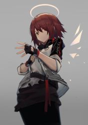 Rule 34 | 1girl, angel, brown hair, copyright request, expressionless, fingerless gloves, gloves, grey background, hair over one eye, halo, huanxiang heitu, jacket, looking at viewer, red eyes, red hair, short hair