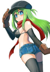 Rule 34 | 1girl, arm up, ass, bare shoulders, bikini, bikini top only, black bikini, black hat, black sleeves, black thighhighs, blue eyes, blue shorts, blush, borrowed character, breasts, brown gloves, cabbie hat, closed mouth, commentary request, denim, denim shorts, detached sleeves, gloves, green hair, hair between eyes, hand on headwear, hat, long hair, long sleeves, looking at viewer, looking back, medium breasts, original, red scarf, scarf, short shorts, shorts, simple background, smile, solo, swimsuit, thighhighs, tokito (star), very long hair, white background, yunomiya agari