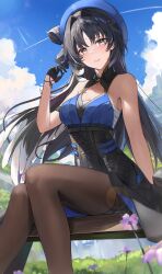 Rule 34 | 1girl, absurdres, aoi 13, bare shoulders, black gloves, black hair, black pantyhose, blue headwear, blue sky, blush, breasts, feet out of frame, flower, gloves, grey eyes, hand up, highres, long hair, looking at viewer, medium breasts, outdoors, pantyhose, parted lips, sitting, sky, smile, solo, thighs, wuthering waves, yangyang (wuthering waves)