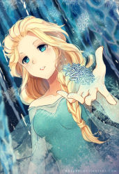 Rule 34 | 1girl, bad id, bad pixiv id, bare shoulders, blonde hair, blue eyes, braid, breasts, collarbone, dutch angle, elsa (frozen), frozen (disney), hair over shoulder, long hair, parted lips, queen, rosuuri, single braid, snowflakes, solo, sparkle, upper body, watermark, web address
