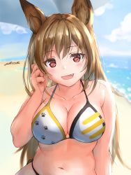 Rule 34 | 1girl, :d, animal ears, arknights, bare arms, bare shoulders, beach, blue sky, blush, breasts, brown hair, ceobe (arknights), cleavage, cloud, commentary request, day, fang, highres, large breasts, long hair, looking at viewer, navel, ocean, open mouth, partial commentary, paw print, red eyes, sky, smile, solo, stomach, upper body, water, yukinoshiro