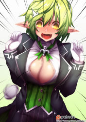 Rule 34 | 1girl, blush, breasts, bursting breasts, butler, cleavage, elsword, female butler, fi-san, formal, gloves, gradient background, green hair, large breasts, motion blur, open mouth, pointy ears, popped button, rena erindel, ribbon, short hair, solo, suit, surprised, wardrobe malfunction, white gloves