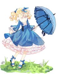 Rule 34 | 1girl, absurdres, black ribbon, blonde hair, blue dress, blue ribbon, blue umbrella, blunt bangs, closed eyes, closed mouth, dress, earrings, elizabeth ethel cordelia midford, flower, frilled dress, frilled sleeves, frills, grass, hair ribbon, happy, highres, hitomibo, holding, holding umbrella, jewelry, kuroshitsuji, lolita fashion, long hair, ribbon, sandals, simple background, smile, solo, standing, twintails, twitter username, umbrella, white background, white flower, wide sleeves