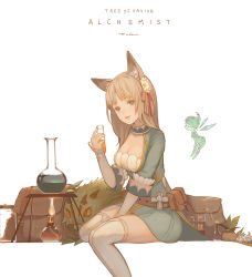 Rule 34 | 1girl, alchemist (tree of savior), animal ears, backpack, bad id, bad pixiv id, bag, belt, bottle, breasts, brown hair, bunsen burner, cleavage, collarbone, creature, dress, echosdoodle, fairy, flask, flower, fox ears, green dress, green eyes, hair flower, hair ornament, head tilt, holding, long hair, looking at another, medium breasts, parted lips, plant, potted plant, round-bottom flask, sitting, smile, test tube, thighhighs, tree of savior, white background, white thighhighs