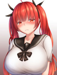 Rule 34 | ahoge, azur lane, bad id, bad pixiv id, black bow, black bowtie, black ribbon, black sailor collar, blunt bangs, blush, bow, bowtie, breasts, closed mouth, frown, gradient background, hair ribbon, honolulu (azur lane), honolulu (umbrella girl) (azur lane), huge breasts, long hair, nose blush, orange eyes, red hair, ribbon, sailor collar, school uniform, serafuku, shirt, short sleeves, solo, tapisuke, twintails, upper body, white shirt