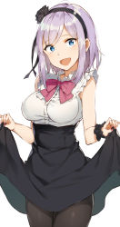 Rule 34 | 10s, 1girl, :d, bare shoulders, black flower, black hairband, black pantyhose, black rose, blue eyes, bow, bowtie, breasts, buttons, cleavage, cowboy shot, dagashi kashi, flower, frilled shirt collar, frills, hair flower, hair ornament, hairband, has bad revision, has downscaled revision, highres, large breasts, lifting own clothes, lips, long hair, looking at viewer, md5 mismatch, meme attire, nail polish, open mouth, pantyhose, pink bow, pink bowtie, purple hair, red nails, resolution mismatch, revision, rikoma, rose, sanpaku, shidare hotaru, shirt, short hair, sidelocks, simple background, skirt hold, sleeveless, sleeveless shirt, smile, solo, source smaller, standing, tareme, virgin killer outfit, white background, white shirt, wrist cuffs