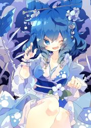 Rule 34 | 1girl, ahoge, alternate hairstyle, blue eyes, blue hair, blue kimono, blue nails, blush, cat day, cat hair ornament, claw pose, commentary, drill hair, fang, feet out of frame, fingernails, fish bone, flower, frills, hair ears, hair flower, hair ornament, hair stick, hand up, highres, japanese clothes, kaku seiga, kanzashi, kimono, long fingernails, looking at viewer, nail polish, nikorashi-ka, one eye closed, open mouth, purple background, short hair, skin fang, solo, touhou, twin drills, wide sleeves, wrist cuffs