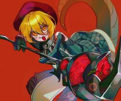 Rule 34 | 1girl, blonde hair, don quixote (project moon), e.g.o (project moon), gloves, hat, highres, holding, limbus company, nonggang 1227, official alternate costume, open mouth, orange eyes, pants, project moon, red hat, short hair, snake tail, solo, tabard, tail, yellow eyes