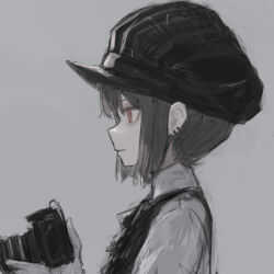Rule 34 | 1girl, camera, ear piercing, expressionless, face focus, grey background, grey hair, hat, looking to the side, original, piercing, red eyes, serious, short hair, susudust