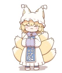 Rule 34 | 1girl, :3, animal hat, closed mouth, dress, facing viewer, fox girl, fox tail, full body, hands in opposite sleeves, hat, kitsune, mob cap, multiple tails, poronegi, simple background, solo, standing, tabard, tail, touhou, white background, white dress, white hat, yakumo ran