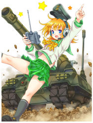 Rule 34 | &gt;:d, 1girl, :d, arm up, black socks, blue eyes, blush, bow, bowtie, controller, green skirt, hat, headset, hisho collection, index finger raised, looking at viewer, military, military vehicle, motor vehicle, navel, official art, open mouth, orange hair, peaked cap, plaid, plaid bow, plaid bowtie, plaid neckwear, plaid skirt, remote control, school uniform, serafuku, short hair, skirt, smile, socks, solo, tank, toshi, v-shaped eyebrows, yellow bow, yellow bowtie