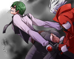 Rule 34 | 2boys, anal, black gloves, blazblue, clothed sex, drooling, gloves, green hair, hazama, kaneaki mukku, male focus, male penetrated, multiple boys, penis, ragna the bloodedge, saliva, sex, silver hair, tongue, tongue out, torn clothes, uncensored, yaoi