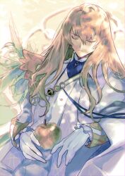 Rule 34 | 1boy, absurdres, apple, ascot, blonde hair, blue ascot, blue brooch, brooch, cape, chromatic aberration, closed eyes, closed mouth, commentary, dappled sunlight, fate/grand order, fate (series), feathers, food, formal, frilled sleeves, frills, fruit, gloves, golden apple, hair between eyes, highres, holding, holding food, holding fruit, jacket, jewelry, kirschtaria wodime, long hair, long sleeves, male focus, outdoors, sitting, sleeping, sleeve cuffs, solo, soraharu (mojatta), suit, sunlight, upper body, white cape, white feathers, white gloves, white jacket, white suit