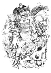 Rule 34 | 1girl, breasts, broken, broken chain, chain, clenched teeth, collar, cuffs, dress, duel monster, full body, greyscale, hand up, highres, long hair, medium breasts, metal collar, monochrome, ponytail, sea whites, shackles, sleeveless, sleeveless dress, smile, solo, teeth, thighhighs, torn clothes, torn thighhighs, unchained soul of anguish, unchained twins - rakea, yu-gi-oh!