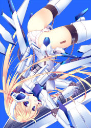 Rule 34 | 1girl, ass, blonde hair, blue background, blue eyes, blush, breasts, covered erect nipples, finger to mouth, gloves, headset, long hair, looking at viewer, mecha musume, mechanical arms, original, panties, single mechanical arm, small breasts, smile, solo, sorai shin&#039;ya, thighhighs, underwear, upside-down