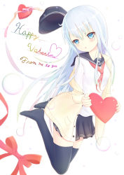 Rule 34 | 10s, 1girl, :o, absurdres, anchor symbol, blue eyes, blue hair, blue thighhighs, blush, bow, box, bubble, cardigan, english text, flat cap, full body, gian (gearvocal), gift, gift box, happy valentine, hat, unworn hat, unworn headwear, heart-shaped box, hibiki (kancolle), highres, holding, kantai collection, long hair, long sleeves, matching hair/eyes, miniskirt, no shoes, off shoulder, open cardigan, open clothes, pleated skirt, red bow, red ribbon, ribbon, roman numeral, school uniform, serafuku, shirt, skirt, solo, sparkle, thighhighs, valentine, white background, white shirt