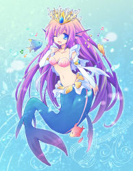 Rule 34 | 1girl, ;d, animal, animal costume, beamed quavers, blue background, blue eyes, breasts, bridal gauntlets, choker, cleavage, coral, elbow gloves, fins, fish, fish tail, frills, gloves, hair ornament, head fins, houjou rui, jewelry, long hair, lots of jewelry, mermaid, midriff, monster girl, music, musical note, navel, one eye closed, open mouth, purple hair, puzzle &amp; dragons, quaver, shell, shell bikini, singing, siren (p&amp;d), smile, solo, staff (music), tail, tiara, underwater, very long hair, white gloves