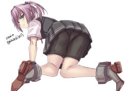 Rule 34 | 1girl, all fours, bike shorts, black shorts, black skirt, black vest, blue eyes, commentary request, dress shirt, from behind, from below, full body, grey vest, kantai collection, looking at viewer, looking back, minarai, one-hour drawing challenge, pink hair, rudder footwear, school uniform, shiranui (kancolle), shirt, short sleeves, shorts, shorts under skirt, simple background, skirt, solo, vest, white background, white shirt