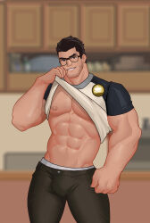 Rule 34 | 1boy, absurdres, bara, bare pectorals, beard stubble, bespectacled, black hair, bulge, clothes lift, facial hair, feet out of frame, glasses, highres, huge eyebrows, large pectorals, lifting own clothes, looking at viewer, lucas lee, male focus, male underwear, male underwear peek, muscular, muscular male, natezhang (nate m evans), pants, pectorals, scott pilgrim (series), scott pilgrim takes off, shirt, shirt lift, short hair, short sleeves, smile, solo, standing, stubble, t-shirt, thighs, tight clothes, tight shirt, underwear