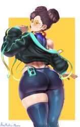 Rule 34 | absurdres, aestheticc-meme, alternate costume, ass, ass focus, asymmetrical legwear, back, bad link, bikini, capcom, casual, chun-li, from behind, highres, huge ass, jacket, long sleeves, looking at viewer, looking back, mismatched legwear, muscular, muscular female, pants, puffy sleeves, shirt, shorts, single thighhigh, smile, solo, street fighter, sunglasses, sweat, swimsuit, thick thighs, thighhighs, thighs, thong, tight clothes, tight pants, toned, uneven legwear, wide hips