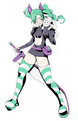 Rule 34 | 1girl, animal, animal on shoulder, annie (cosplay), annie (skullgirls), belt, belt pouch, boots, breasts, cat, character request, chimerism, clothing cutout, cosplay, eyepatch, fusion, green hair, green nails, greenmarine, hair ribbon, highres, jojo no kimyou na bouken, juliet sleeves, kuujou jolyne, lips, long hair, long sleeves, nail polish, navel, navel cutout, orange eyes, pinky out, pouch, puffy sleeves, reverse grip, ribbon, skullgirls, small breasts, smile, solo, striped clothes, striped thighhighs, sword, thigh boots, thighhighs, twintails, weapon, white background