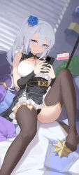 Rule 34 | 1girl, absurdres, black dress, black panties, blue eyes, blue flower, blue hair, blue rose, blurry, breasts, bright pupils, brown thighhighs, cellphone, chinese commentary, cleavage cutout, closed mouth, clothing cutout, commentary request, depth of field, dress, feet out of frame, flower, hair flower, hair ornament, highres, holding, holding phone, indoors, large breasts, long hair, looking at viewer, multicolored hair, no shoes, original, paid reward available, panties, pantyshot, phone, ponytail, reclining, rose, sleeveless, sleeveless dress, smartphone, solo, streaked hair, sukaliya, thighhighs, underwear, variant set, white pupils