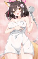 Rule 34 | 1girl, absurdres, animal ears, bare arms, bare shoulders, bathroom, black hair, blue archive, breasts, commentary, cowboy shot, eyeshadow, fox ears, fox girl, fox tail, halo, hayana neru, highres, holding, holding shower head, izuna (blue archive), large breasts, looking at viewer, makeup, naked towel, red eyeshadow, short hair, shower head, soap bubbles, solo, symbol-only commentary, tail, tile wall, tiles, towel, yellow eyes