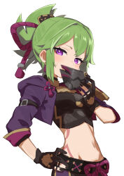Rule 34 | 1girl, absurdres, black gloves, black nails, commentary request, covered mouth, crop top, cropped jacket, fishnet top, fishnets, gazacy (dai), genshin impact, gloves, green hair, hair ribbon, hand on own hip, highres, jacket, kuki shinobu, looking at viewer, mask, unworn mask, midriff, mouth mask, navel, partially fingerless gloves, ponytail, purple eyes, purple jacket, ribbon, rope, shimenawa, short hair, sideways glance, simple background, solo, sweatdrop, upper body, white background