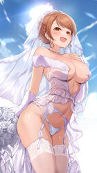 Rule 34 | 1girl, alternate costume, areola slip, blush, bouquet, breasts, bridal veil, bride, feet out of frame, flower, garter belt, gloves, groin, highres, hojo karen, holding, holding bouquet, idolmaster, idolmaster cinderella girls, jewelry, large breasts, looking ahead, mk (mod0), navel, necklace, orange eyes, orange hair, panties, revealing clothes, smile, solo, stomach, thighhighs, underwear, veil, wedding lingerie, white garter belt, white gloves, white panties, white thighhighs