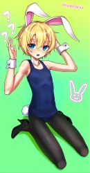 Rule 34 | 1girl, ?, animal ears, black pantyhose, blonde hair, blue eyes, blush, breasts, fake animal ears, female focus, gradient background, green background, high heels, highres, iris (ryou@ryou), one-piece swimsuit, open mouth, original, pantyhose, pantyhose under swimsuit, playboy bunny swimsuit, rabbit ears, rabbit tail, ryou@ryou, school swimsuit, short hair, small breasts, solo, swimsuit, tail, twitter username