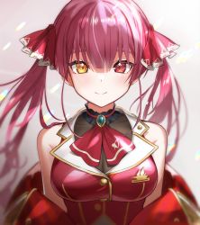 Rule 34 | 1girl, ascot, bad id, bad pixiv id, breasts, cleavage, commentary request, hair ribbon, heterochromia, highres, hololive, houshou marine, kiki-yu, large breasts, long hair, red ascot, red eyes, red hair, ribbon, see-through, see-through cleavage, smile, solo, twintails, upper body, virtual youtuber, yellow eyes