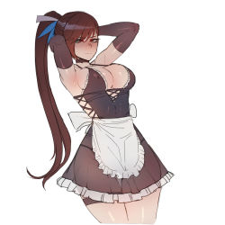 Rule 34 | 1girl, apron, armpits, bikini, black survival, blush, breasts, brown hair, choker, cleavage, covered erect nipples, dress, fiora pellerin, gloves, green eyes, hair ornament, highres, large breasts, looking at viewer, maid, maid apron, maid bikini, ponytail, ratatatat74, see-through, see-through dress, solo, swimsuit, unconventional maid