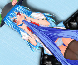 Rule 34 | 1girl, blue hair, blush, brown thighhighs, clothes in mouth, clothes lift, dress, dress in mouth, dress lift, female focus, hat, hinanawi tenshi, imachi (staccato squirrel), mouth hold, panties, red eyes, solo, striped clothes, striped panties, thighhighs, touhou, underwear