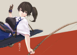 Rule 34 | 10s, 1girl, black hair, blockhead bh, bow (weapon), brown gloves, gloves, hair between eyes, hand up, holding, japanese clothes, kaga (kancolle), kantai collection, muneate, partially fingerless gloves, partly fingerless gloves, serious, side ponytail, simple background, solo, tasuki, translation request, two-tone background, weapon, yugake