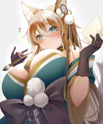 Rule 34 | 1girl, absurdres, animal ears, arlene (ju), black gloves, blue eyes, blush, breasts, brush, cleavage, dog ears, genshin impact, gloves, highres, hina (genshin impact), japanese clothes, kimono, large breasts, letter, light brown hair, long hair, simple background, smile, solo, upper body, white background