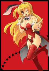 Rule 34 | 1girl, animal ears, blonde hair, boots, breasts, cleavage, high heels, kekocha, large breasts, leotard, long hair, mole, mole under mouth, nail polish, one eye closed, open mouth, original, playboy bunny, rabbit ears, red nails, shoes, solo, thigh boots, thighhighs, wink