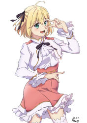 Rule 34 | 1girl, ahoge, anisphia wynn palettia, ascot, black bow, blonde hair, blush, bow, breasts, commentary request, cropped jacket, dated, frilled skirt, frilled sleeves, frills, green eyes, hair bow, highres, hug, jacket, kippei, light blush, long sleeves, looking at viewer, medium breasts, open mouth, ribbon, shirt, short hair, signature, simple background, skirt, smile, solo, teeth, tensei oujo to tensai reijou no mahou kakumei, thighhighs, tongue, v over eye, white jacket, white shirt, white thighhighs