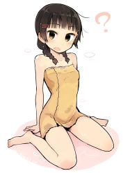 Rule 34 | 1girl, 2016, :o, ?, arms behind back, artist name, bare shoulders, barefoot, black hair, blush, braid, breasts, brown hair, collarbone, commentary request, d:, dated, hair ornament, hairclip, impossible towel, looking at viewer, low twintails, naked towel, open mouth, original, short hair, sitting, small breasts, solo, steam, towel, twin braids, twintails, wariza, yellow towel, yopan danshaku