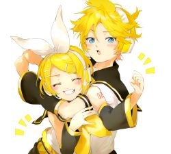Rule 34 | 1boy, 1girl, ^^^, arm around neck, arm warmers, bare shoulders, belt, black collar, blonde hair, blue eyes, bow, clenched hand, closed eyes, collar, commentary, grin, hair bow, hair ornament, hairclip, headphones, highres, kagamine len, kagamine rin, leaning forward, nail polish, neckerchief, open mouth, oyamada gamata, raised eyebrow, sailor collar, school uniform, shirt, short hair, short ponytail, short sleeves, shoulder tattoo, sleeveless, sleeveless shirt, smile, spiked hair, swept bangs, tattoo, upper body, vocaloid, white background, white bow, white shirt, yellow nails, yellow neckerchief