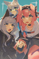 Rule 34 | 3girls, :o, absurdres, animal ears, aqua background, arknights, black choker, black jacket, blue bow, bow, braid, cat ears, cat girl, choker, collarbone, expressionless, fang, ghost (tama), goldenglow (arknights), green eyes, grey hair, hair bow, haze (arknights), highres, jacket, looking at viewer, multiple girls, off shoulder, open mouth, pink hair, rosmontis (arknights), shirt, side braid, skin fang, smile, white shirt, yellow eyes
