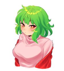 Rule 34 | 1girl, :/, alternate costume, artist name, blush, breasts, bright pupils, closed mouth, cropped torso, green hair, hanaarts, highres, kazami yuuka, large breasts, off shoulder, pink sweater, red eyes, short hair, simple background, solo, sweater, touhou, turtleneck, turtleneck sweater, upper body, vest, white background, white pupils