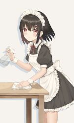 Rule 34 | 1girl, absurdres, apron, black dress, black hair, blush, bob cut, bottle, cleaning, dress, hair ornament, hairclip, highres, iro haruno, looking at viewer, maid, maid apron, maid headdress, original, red eyes, short sleeves, simple background, light smile, spray bottle, standing, table, white background, wrist cuffs