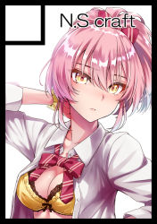 Rule 34 | 1girl, arm up, black border, blush, border, bow, bra, breasts, circle cut, cleavage, closed mouth, collared shirt, dress shirt, eyelashes, hair between eyes, hair bow, idolmaster, idolmaster cinderella girls, jougasaki mika, long hair, long sleeves, looking at viewer, medium breasts, open clothes, open shirt, pink hair, ponytail, scrunchie, shirt, simon (n.s craft), simple background, solo, underwear, white background, white shirt, wrist scrunchie, yellow bra, yellow eyes