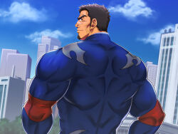 Rule 34 | 1boy, back, bara, blue bodysuit, bodysuit, character request, cityscape, facial hair, from behind, goatee, hero&#039;s destiny, highres, long sideburns, looking at viewer, looking back, male focus, mature male, muscular, muscular male, otonano-tsumiki (circle), scar, scar on face, scar on nose, short hair, sideburns, skin tight, smile, solo, superhero costume, triceps, upper body, yakisoba ohmori